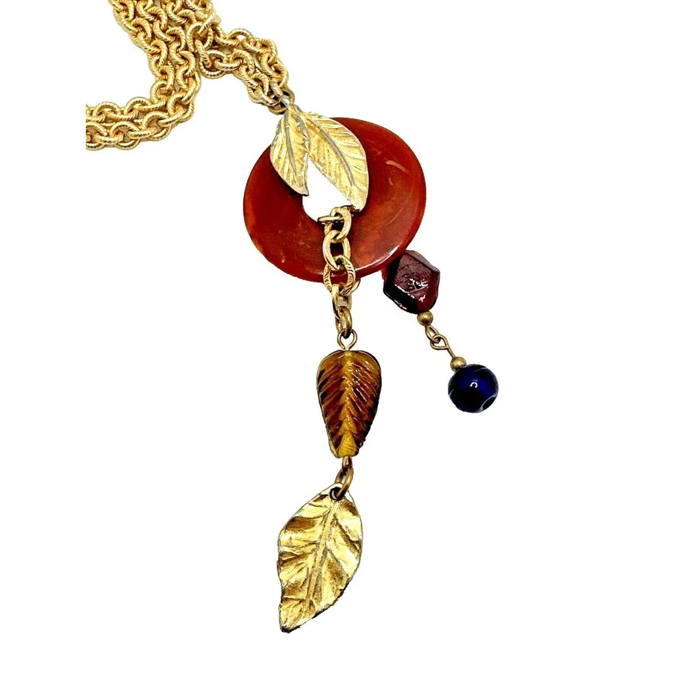 Vintage Tassel Necklace Long Gold Tone Chain Leaf Ring Statement Boho 33